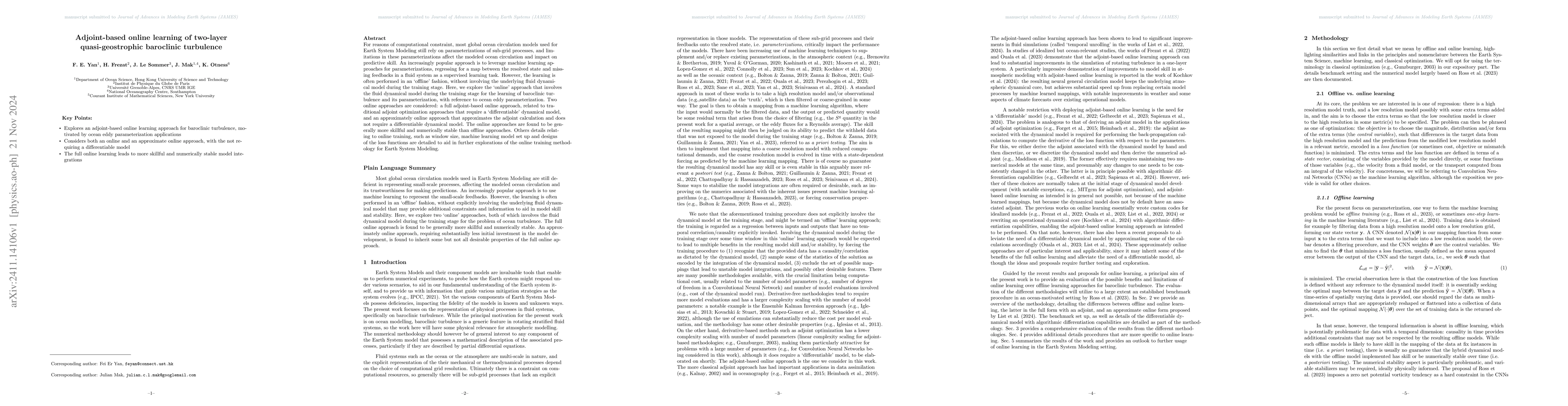 Thumbnail for Adjoint-based online learning of two-layer quasi-geostrophic baroclinic
  turbulence