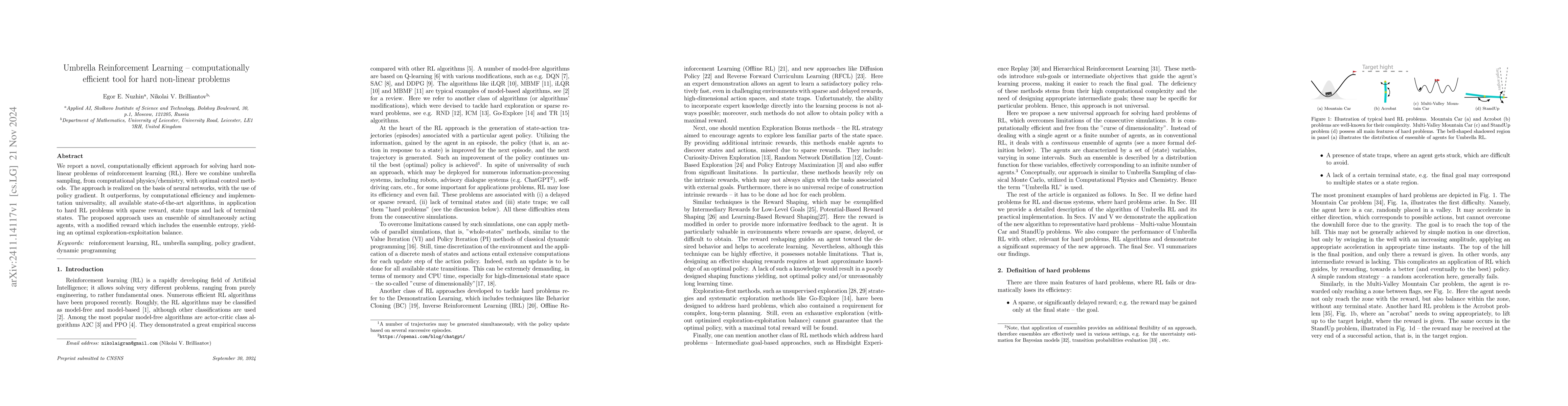 Thumbnail for Umbrella Reinforcement Learning -- computationally efficient tool for
  hard non-linear problems