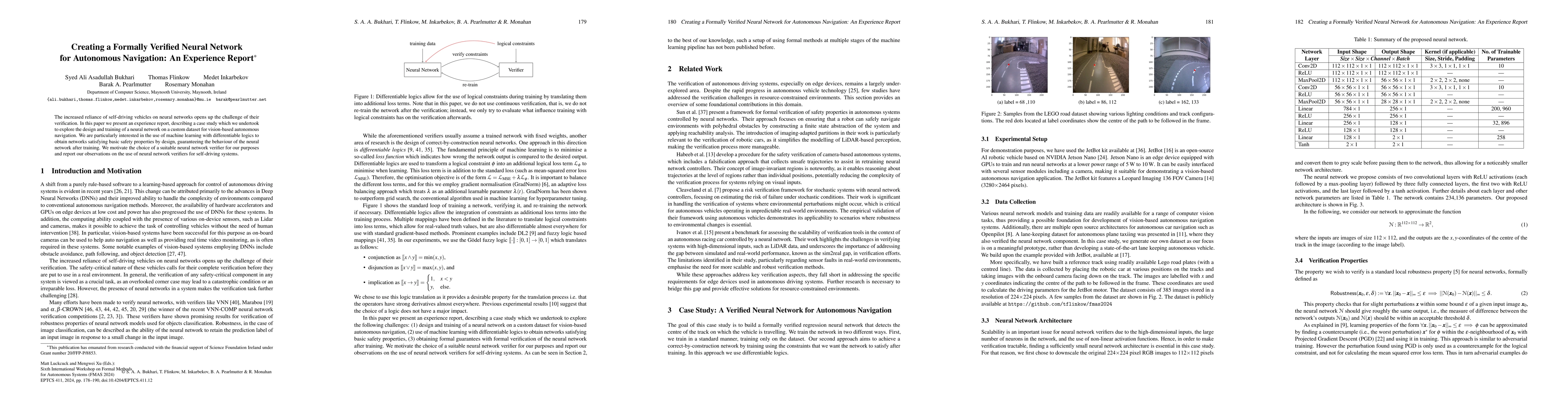 Thumbnail for Creating a Formally Verified Neural Network for Autonomous Navigation:
  An Experience Report