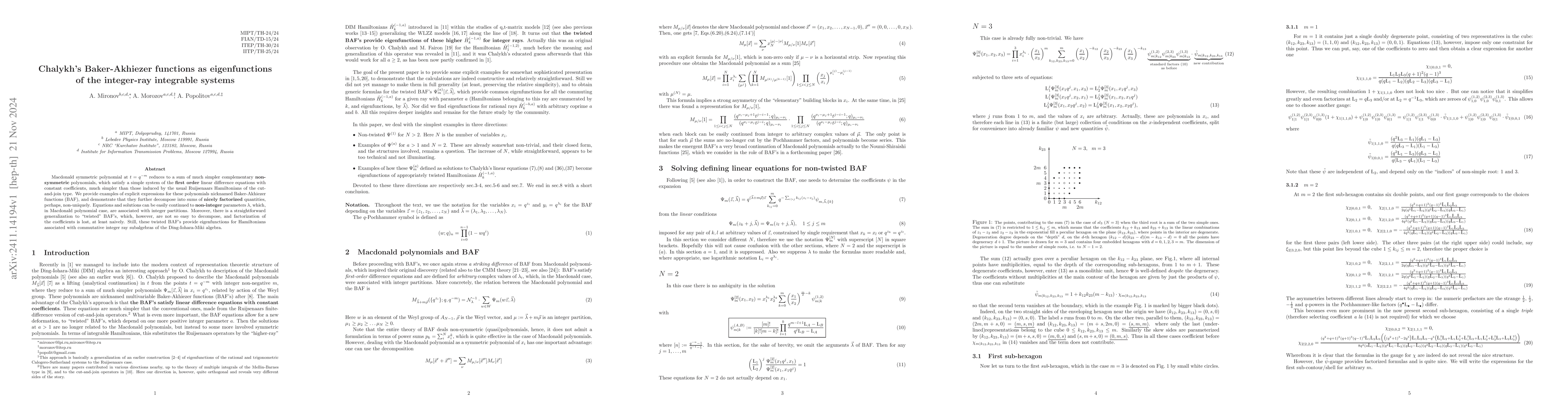 Thumbnail for Chalykh's Baker-Akhiezer functions as eigenfunctions of the integer-ray
  integrable systems