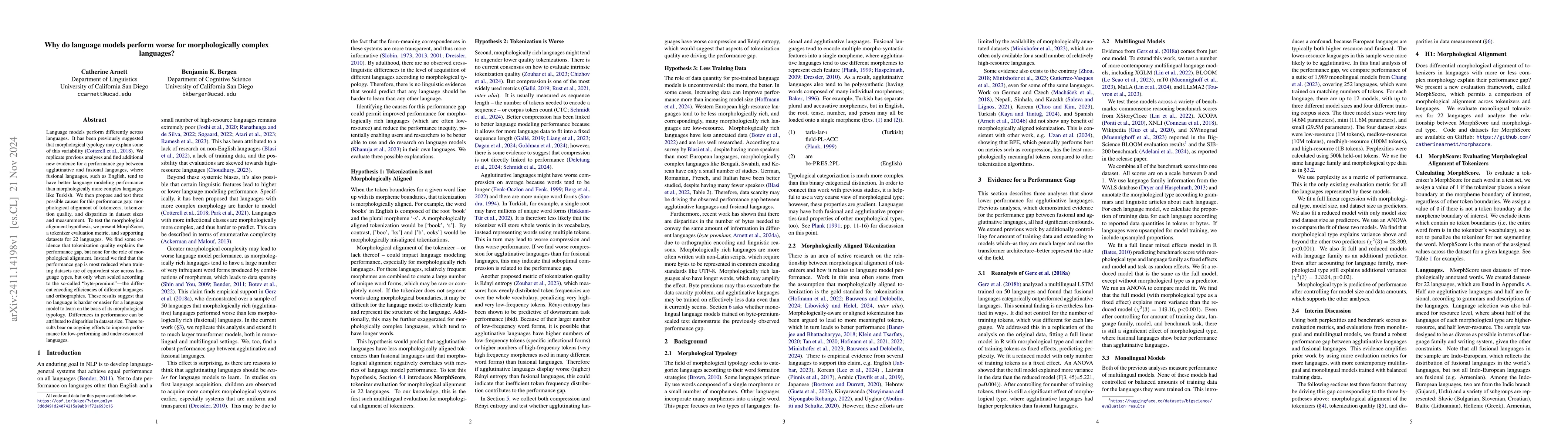 Thumbnail for Why do language models perform worse for morphologically complex
  languages?