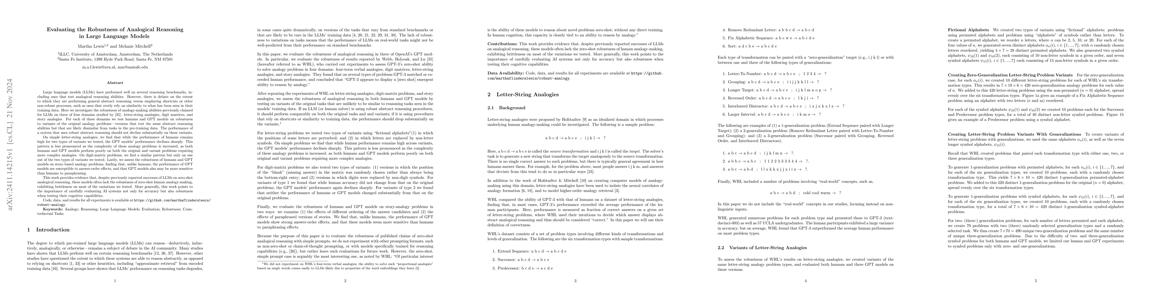 Thumbnail for Evaluating the Robustness of Analogical Reasoning in Large Language
  Models