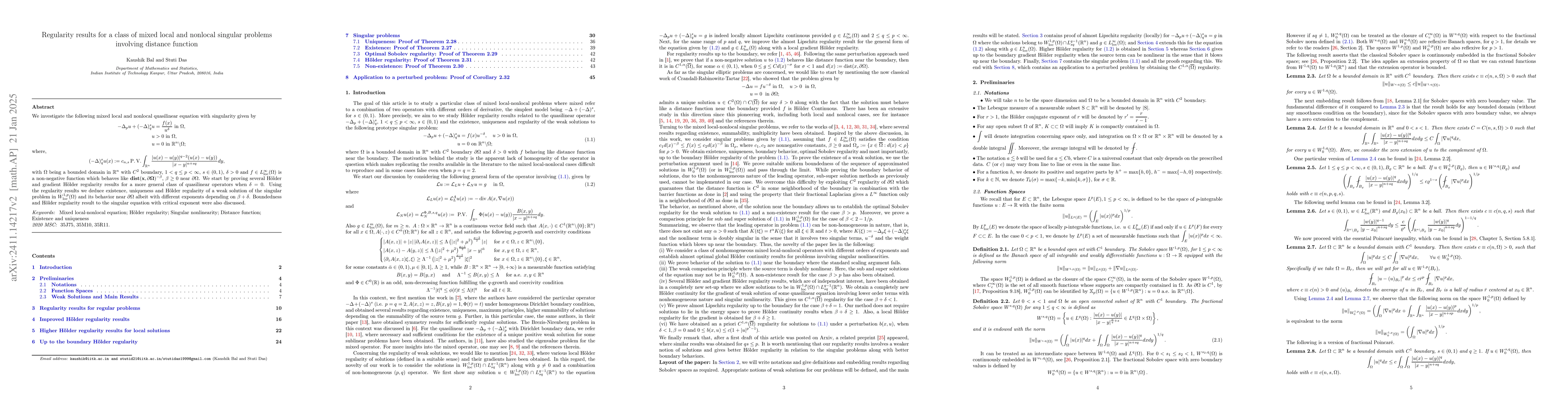 Thumbnail for Regularity results for a class of mixed local and nonlocal singular
  problems involving distance function