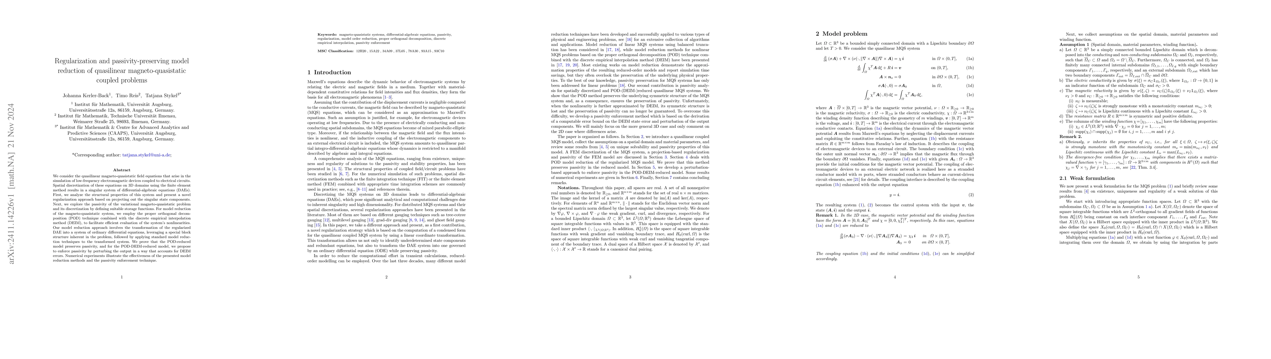 Thumbnail for Regularization and passivity-preserving model reduction of quasilinear
  magneto-quasistatic coupled problems