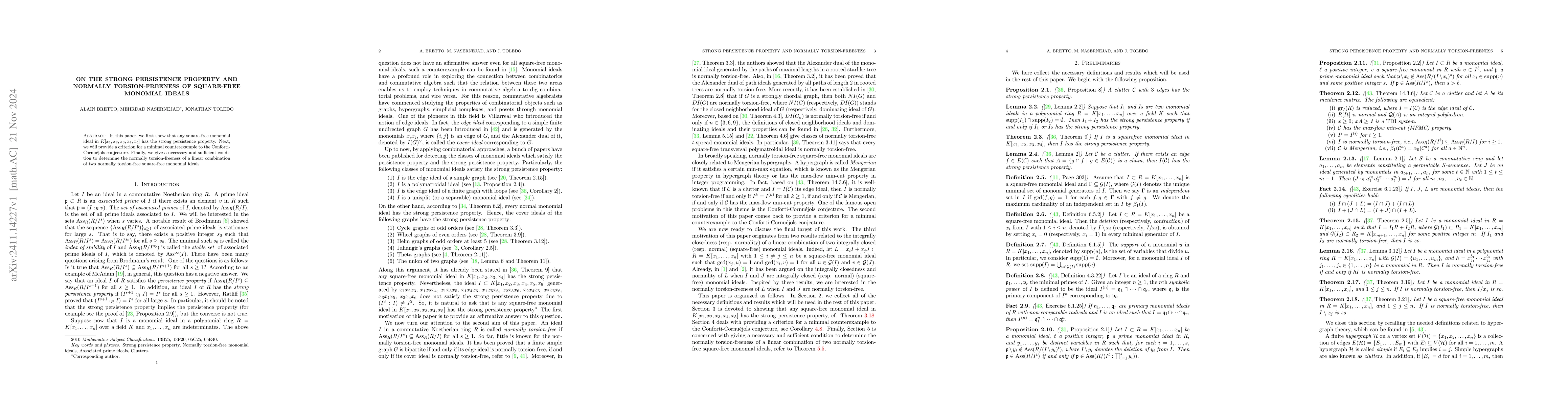 Thumbnail for On the strong persistence property and normally torsion-freeness of
  square-free monomial ideals