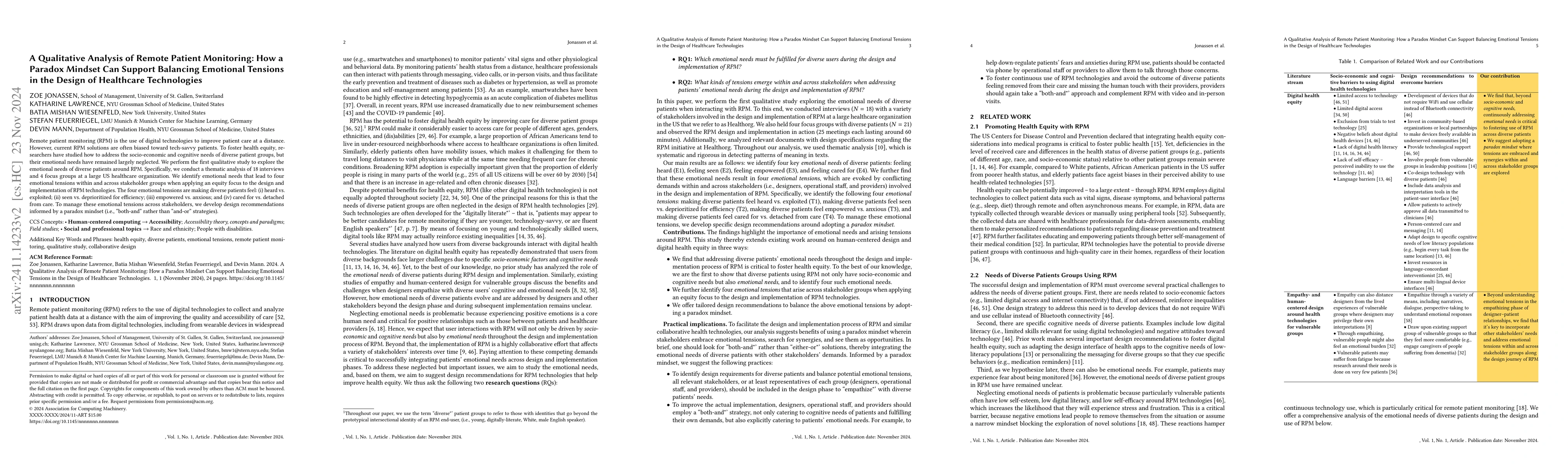 Thumbnail for A qualitative analysis of remote patient monitoring: how a paradox
  mindset can support balancing emotional tensions in the design of healthcare
  technologies