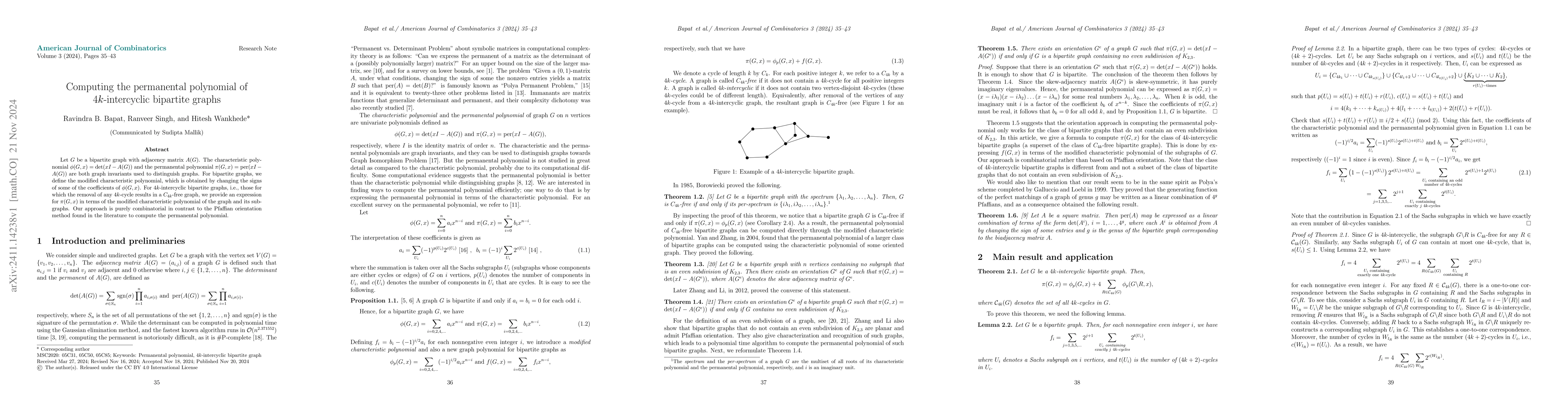 Thumbnail for Computing the permanental polynomial of $4k$-intercyclic bipartite
  graphs