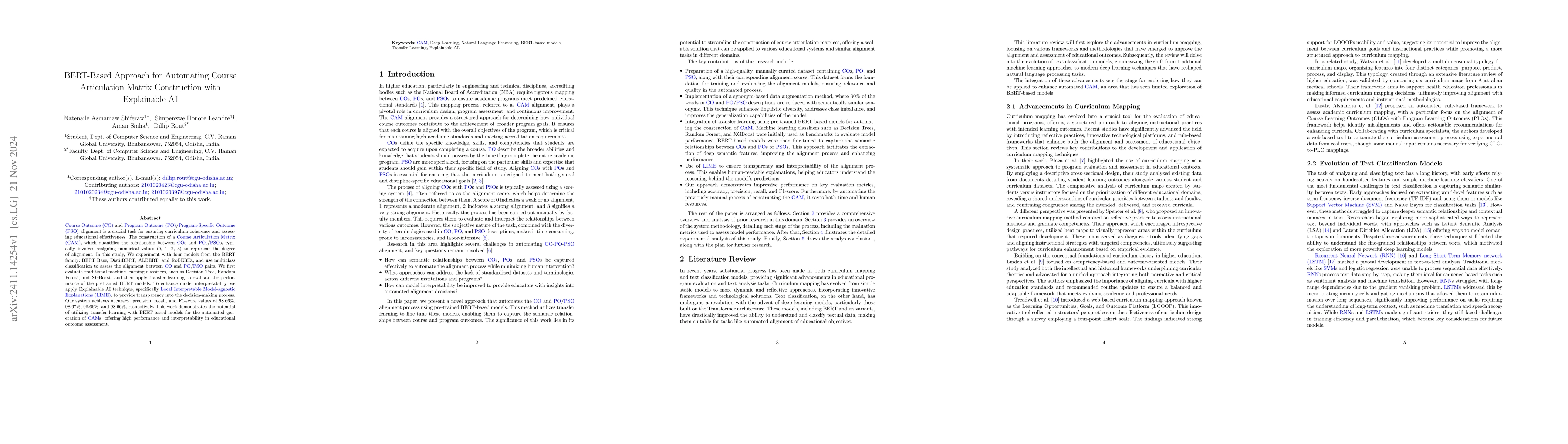 Thumbnail for BERT-Based Approach for Automating Course Articulation Matrix
  Construction with Explainable AI