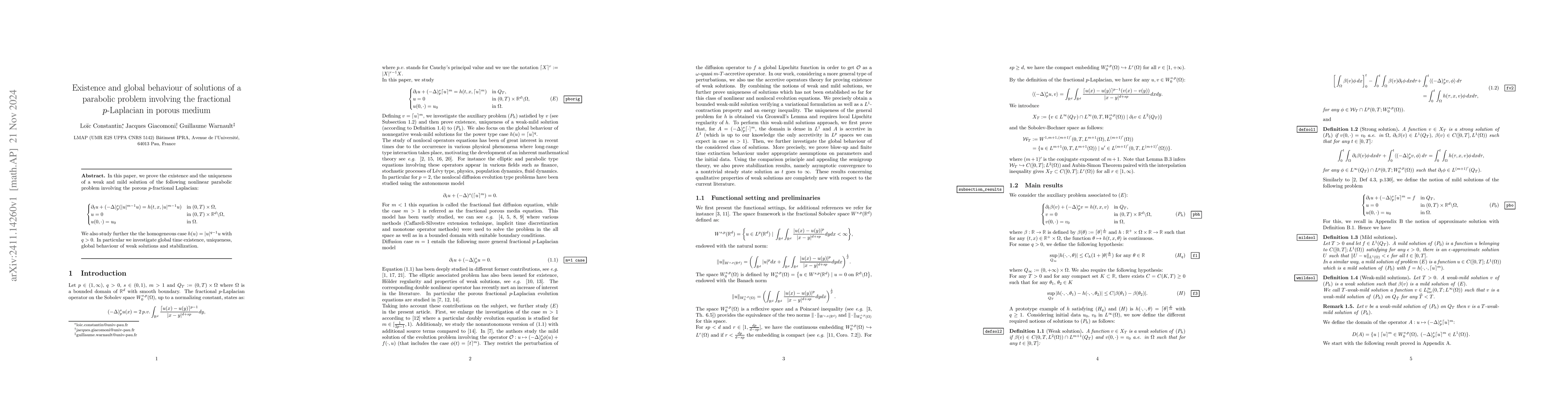 Thumbnail for Existence and global behaviour of solutions of a parabolic problem
  involving the fractional $p$-Laplacian in porous medium