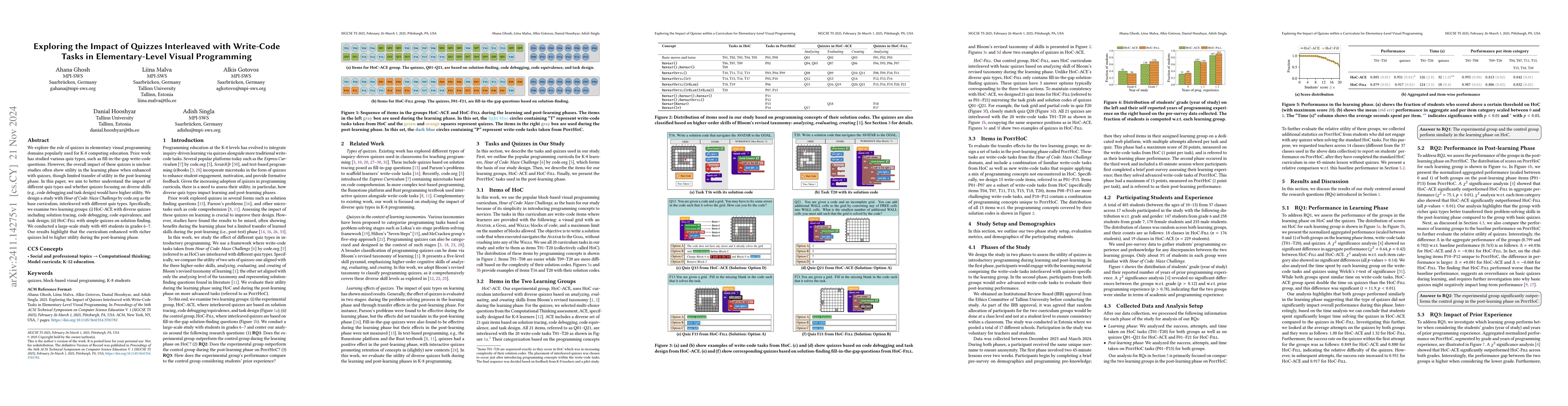 Thumbnail for Exploring the Impact of Quizzes Interleaved with Write-Code Tasks in
  Elementary-Level Visual Programming