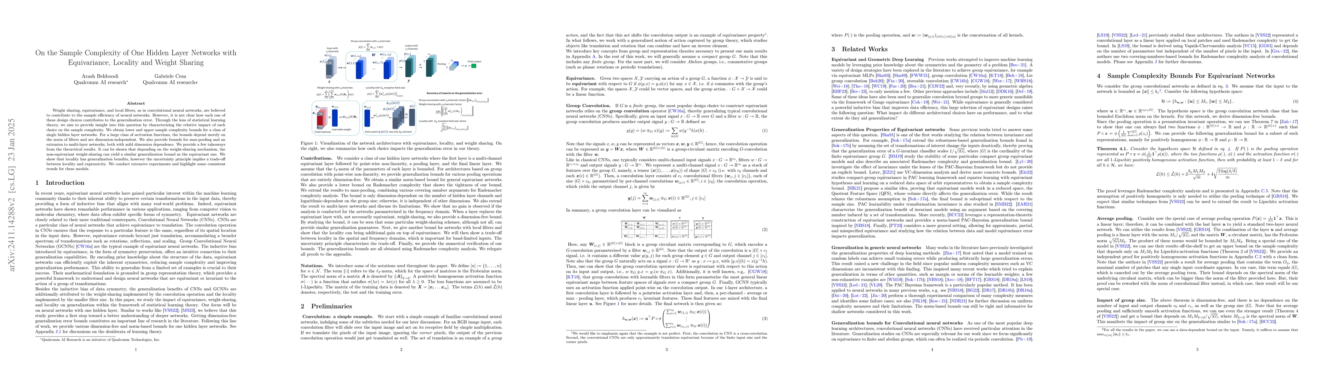 Thumbnail for On the Sample Complexity of One Hidden Layer Networks with Equivariance,
  Locality and Weight Sharing
