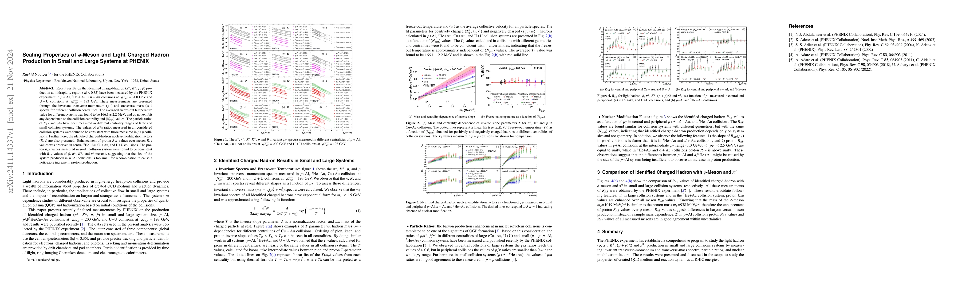 Thumbnail for Scaling Properties of $φ$-Meson and Light Charged Hadron Production
  in Small and Large Systems at PHENIX
