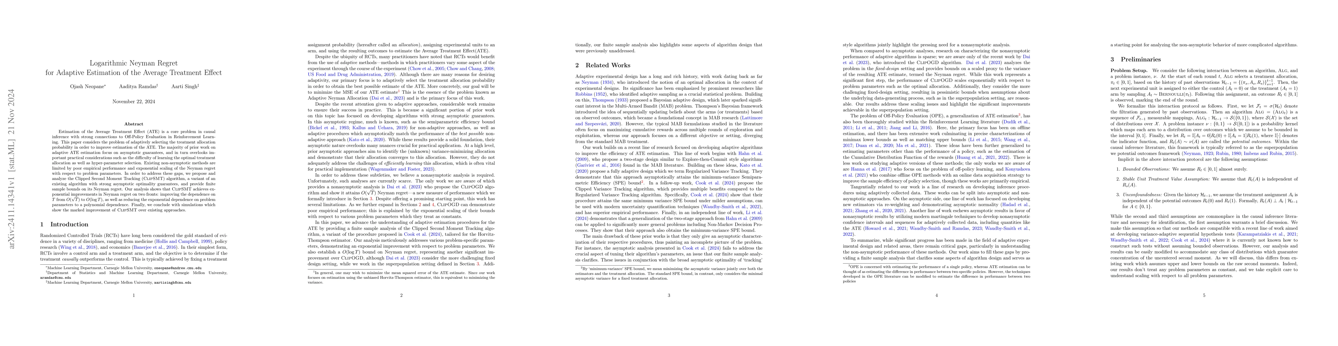 Thumbnail for Logarithmic Neyman Regret for Adaptive Estimation of the Average
  Treatment Effect