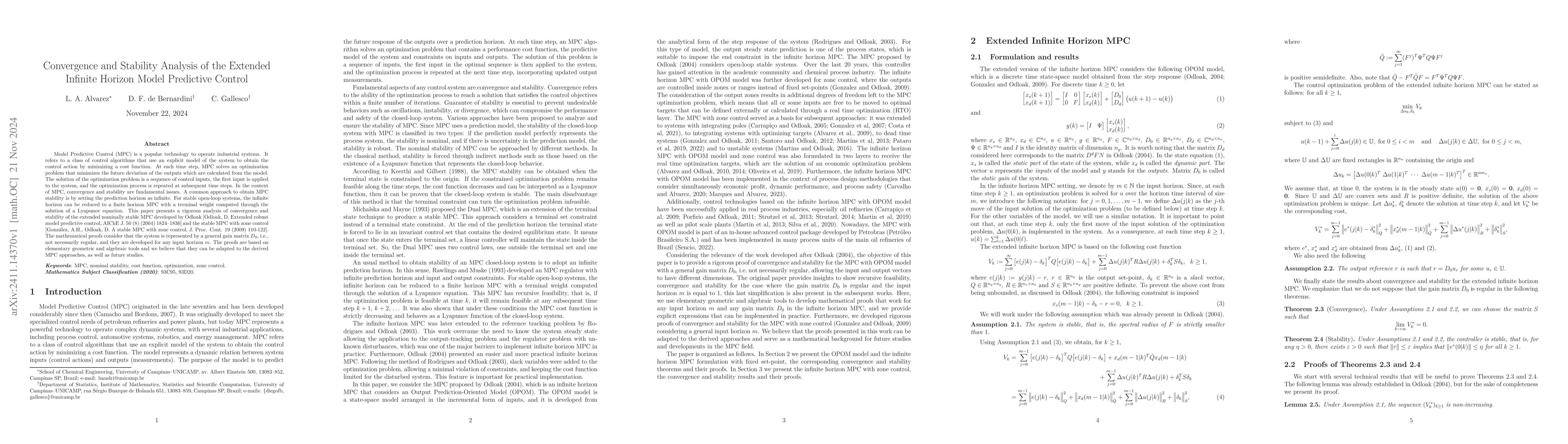 Thumbnail for Convergence and Stability Analysis of the Extended Infinite Horizon
  Model Predictive Control