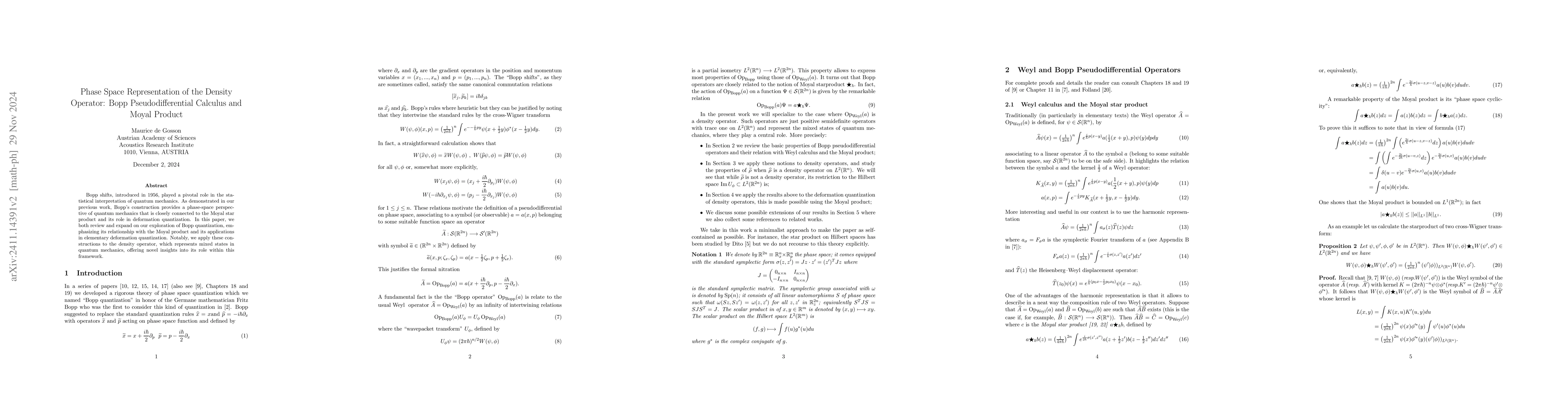 Thumbnail for Phase Space Representation of the Density Operator: Bopp
  Pseudodifferential Calculus and Moyal Product