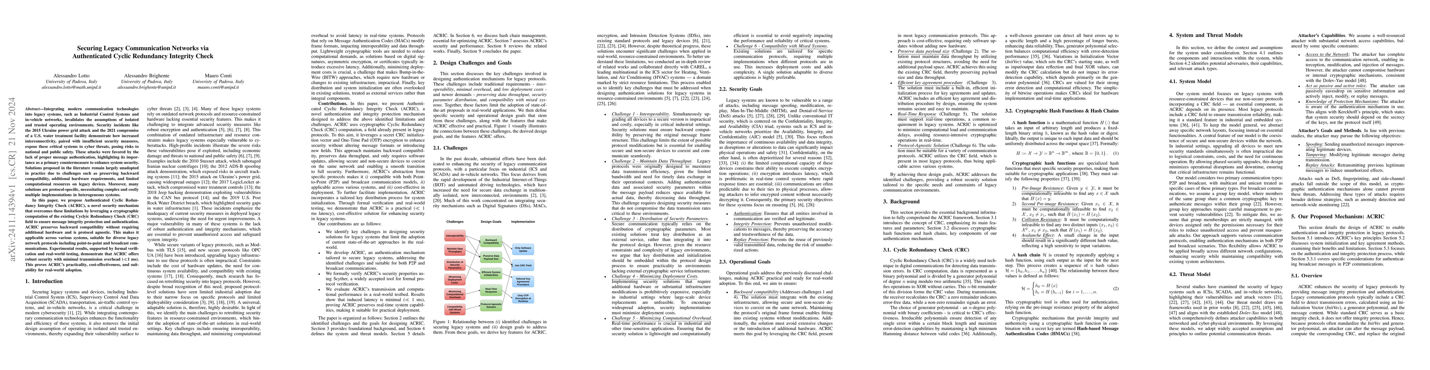 Thumbnail for Securing Legacy Communication Networks via Authenticated Cyclic
  Redundancy Integrity Check