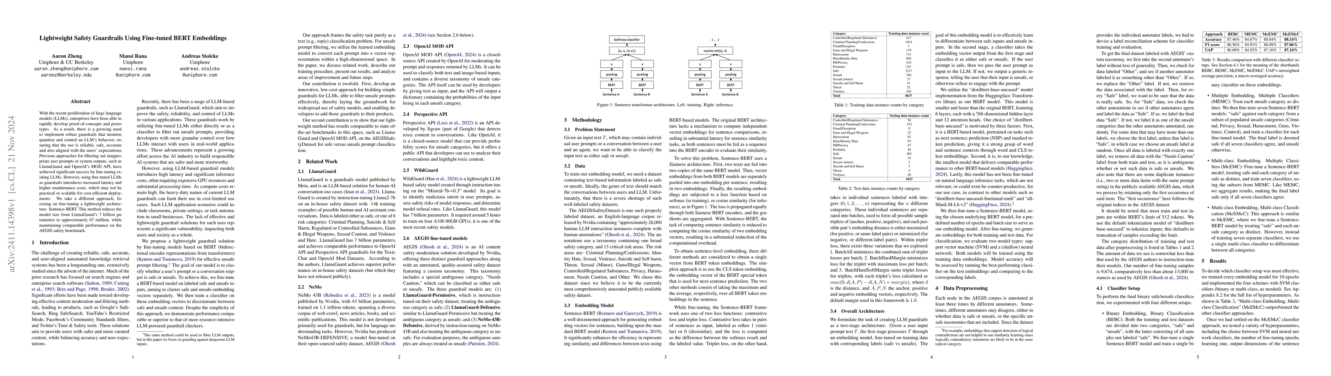 Thumbnail for Lightweight Safety Guardrails Using Fine-tuned BERT Embeddings