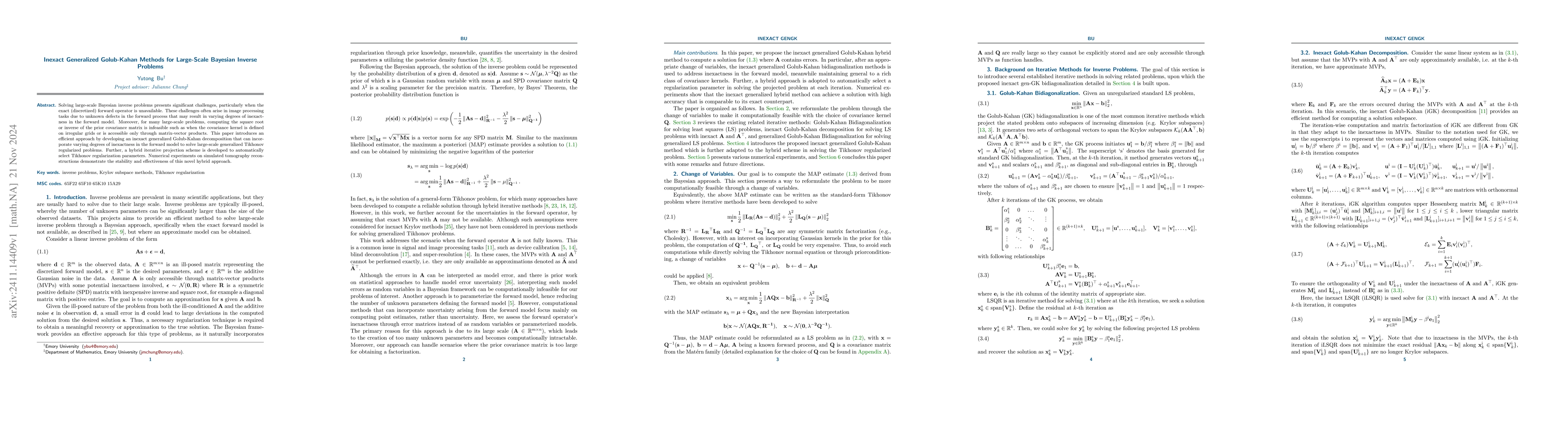 Thumbnail for Inexact Generalized Golub-Kahan Methods for Large-Scale Bayesian Inverse
  Problems