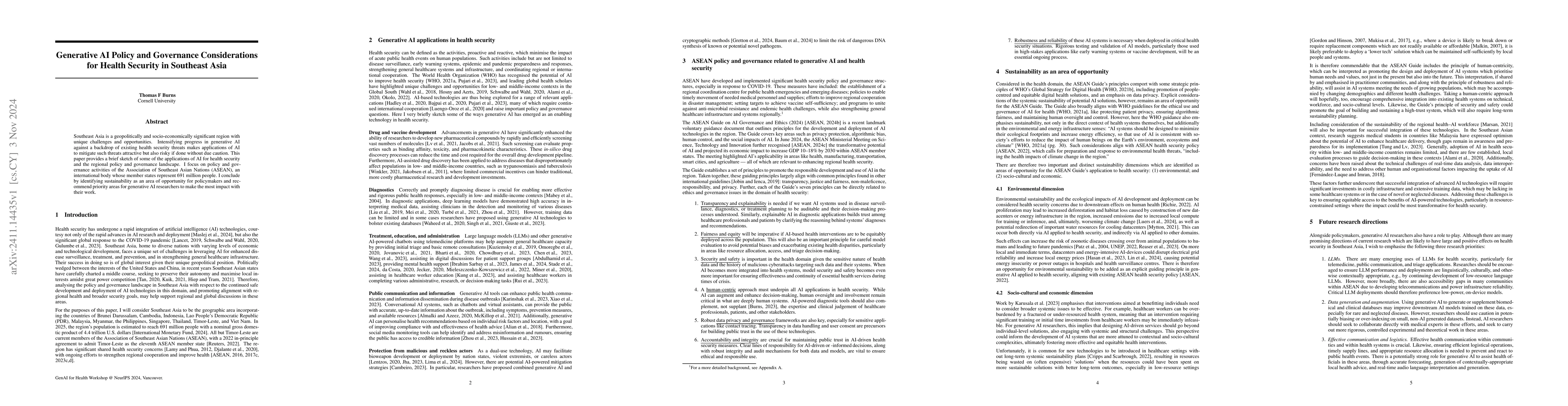 Thumbnail for Generative AI Policy and Governance Considerations for Health Security
  in Southeast Asia
