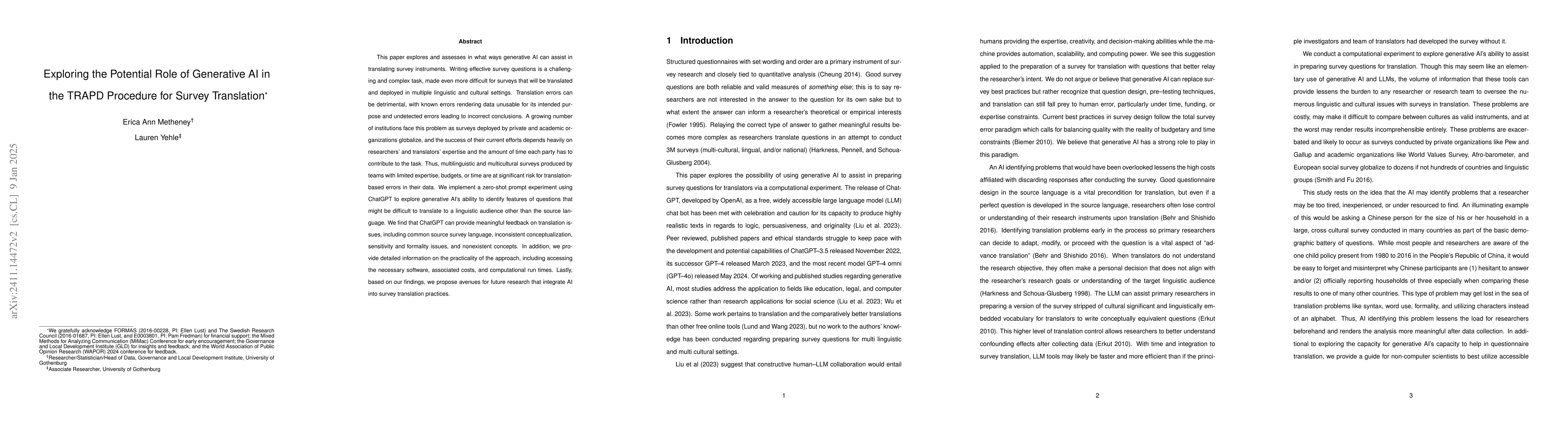 Thumbnail for Exploring the Potential Role of Generative AI in the TRAPD Procedure for
  Survey Translation