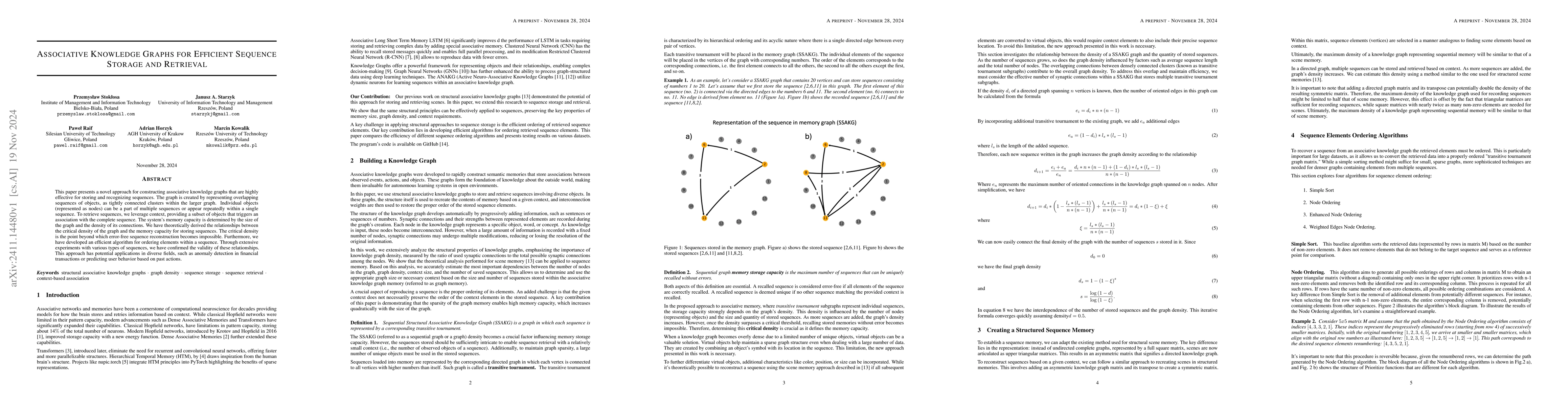 Thumbnail for Associative Knowledge Graphs for Efficient Sequence Storage and
  Retrieval