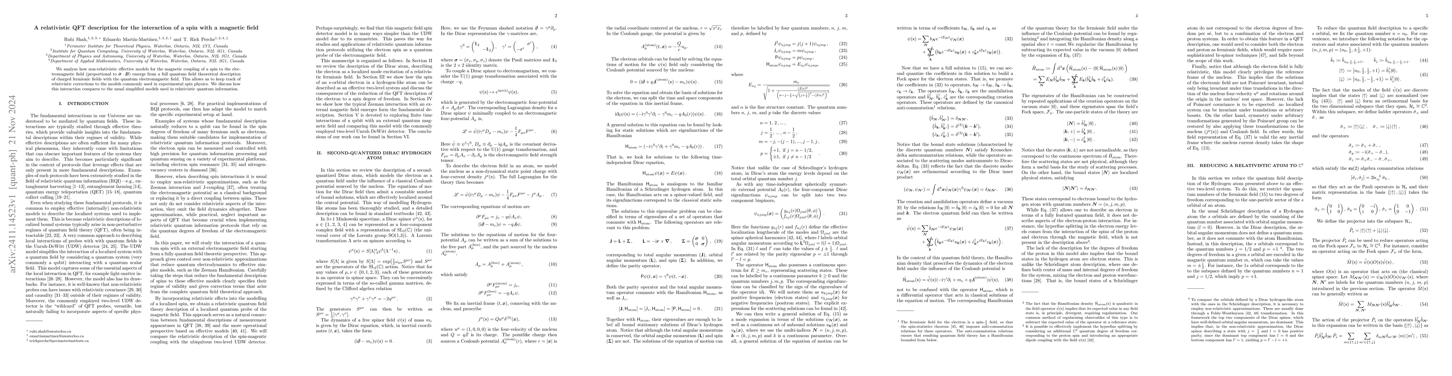 Thumbnail for A relativistic QFT description for the interaction of a spin with a
  magnetic field
