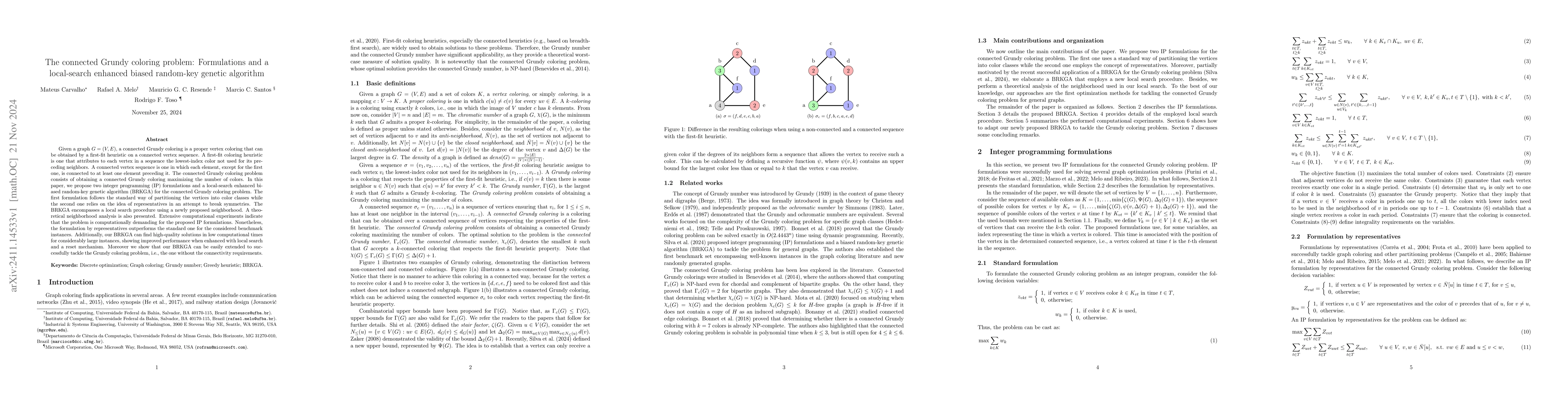 Thumbnail for The connected Grundy coloring problem: Formulations and a local-search
  enhanced biased random-key genetic algorithm