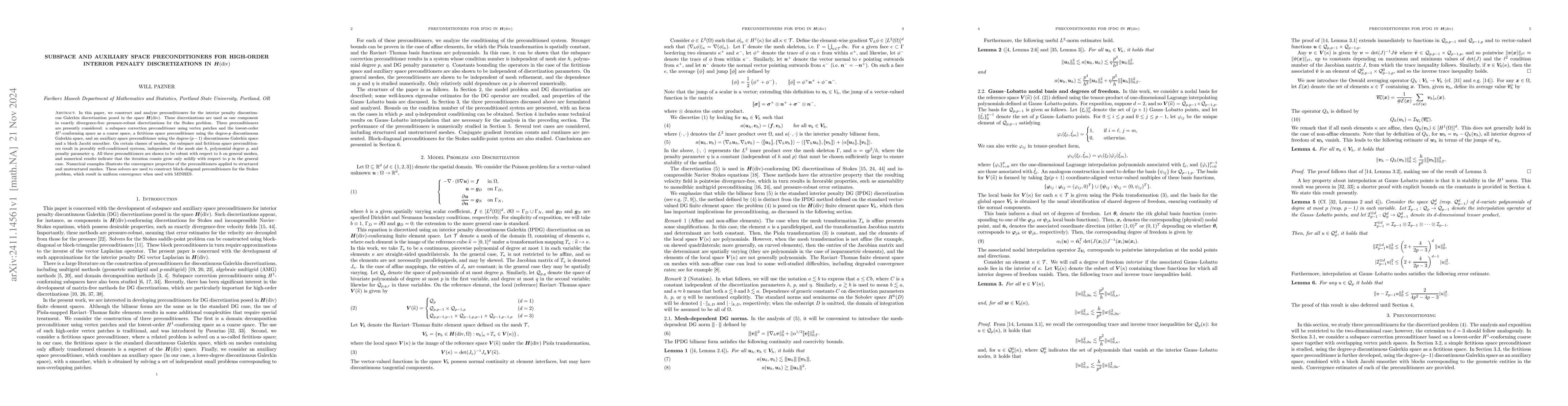 Thumbnail for Subspace and auxiliary space preconditioners for high-order interior
  penalty discretizations in $H(\mathrm{div})$