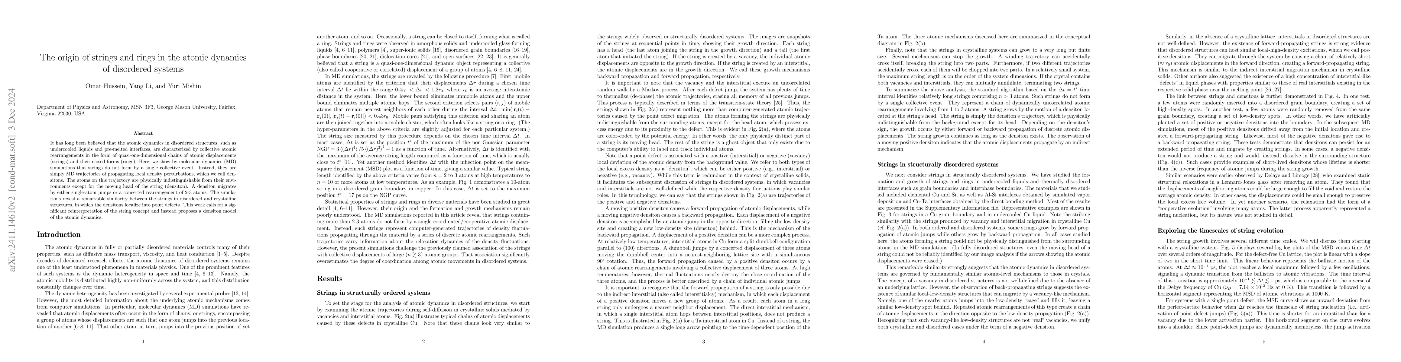 Thumbnail for The origin of strings and rings in the atomic dynamics of disordered
  systems
