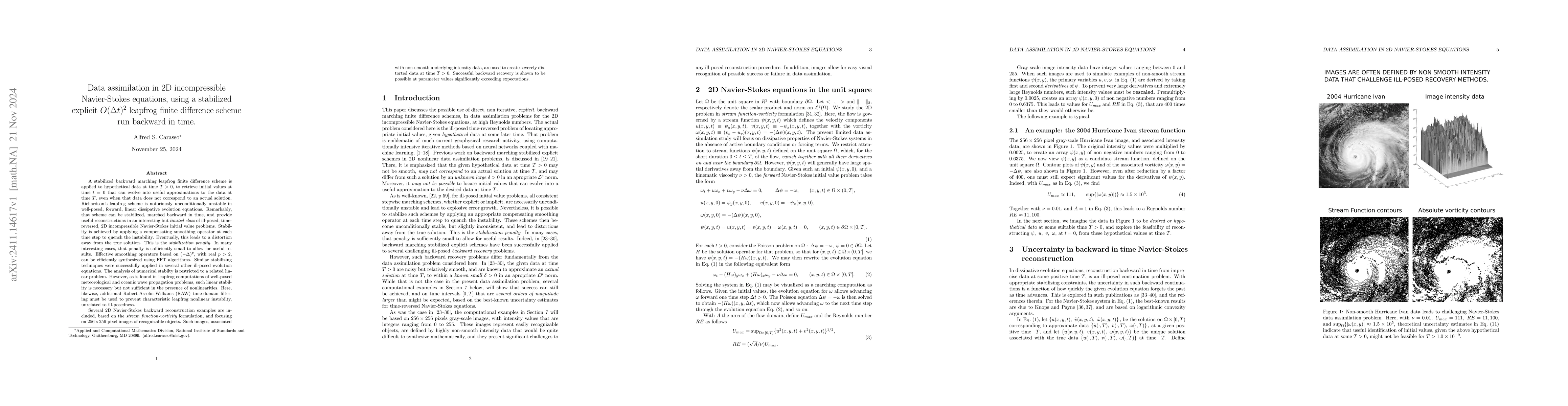 Thumbnail for Data assimilation in 2D incompressible Navier-Stokes equations, using a
  stabilized explicit $O(Δt)^2$ leapfrog finite difference scheme run
  backward in time
