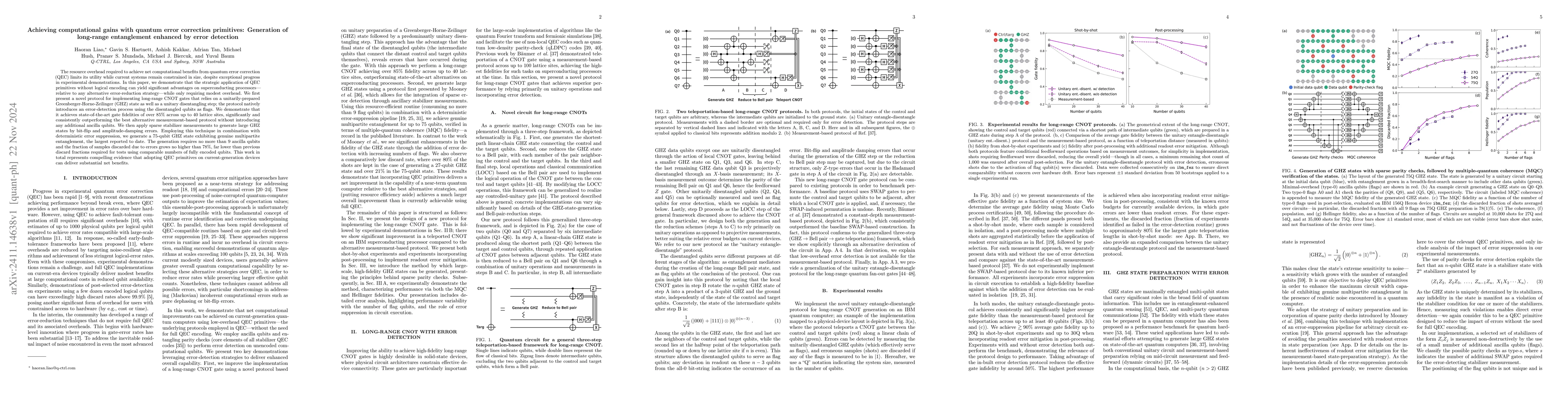 Thumbnail for Achieving computational gains with quantum error correction primitives:
  Generation of long-range entanglement enhanced by error detection