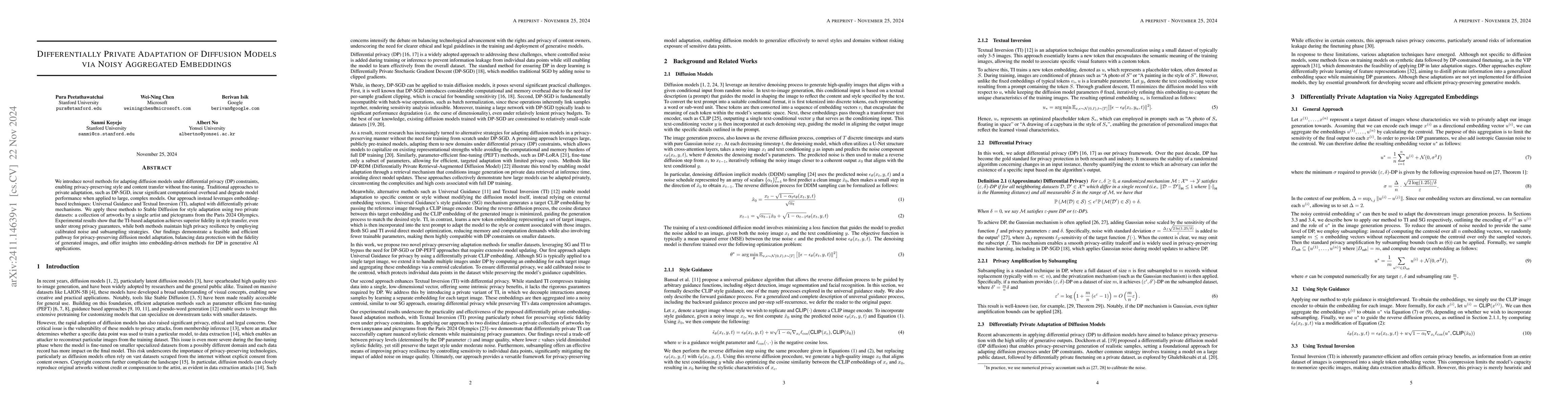 Thumbnail for Differentially Private Adaptation of Diffusion Models via Noisy
  Aggregated Embeddings