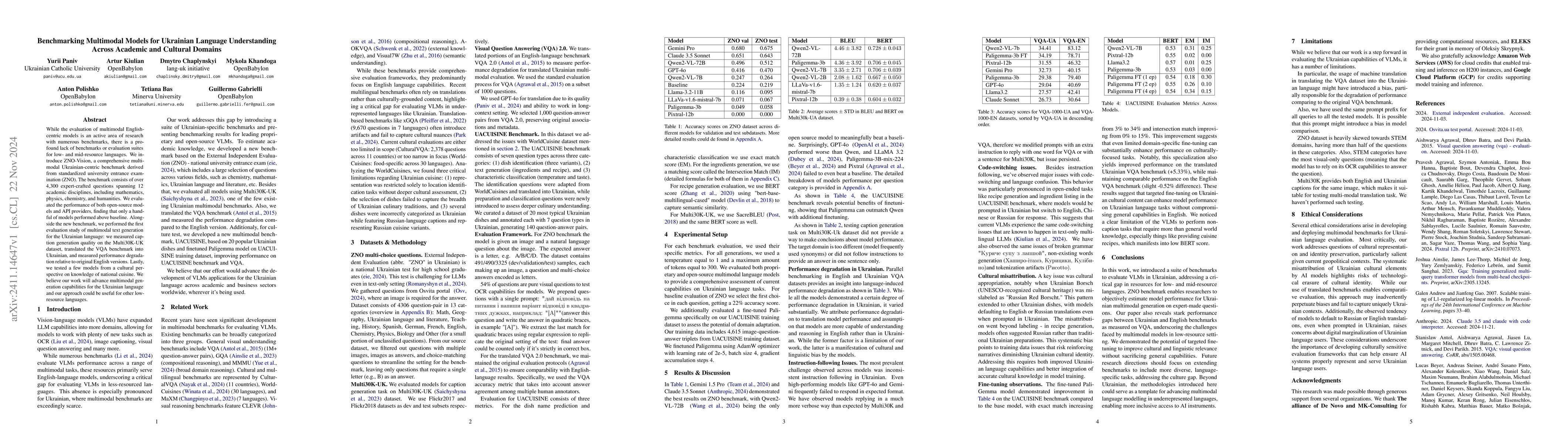 Thumbnail for Benchmarking Multimodal Models for Ukrainian Language Understanding
  Across Academic and Cultural Domains