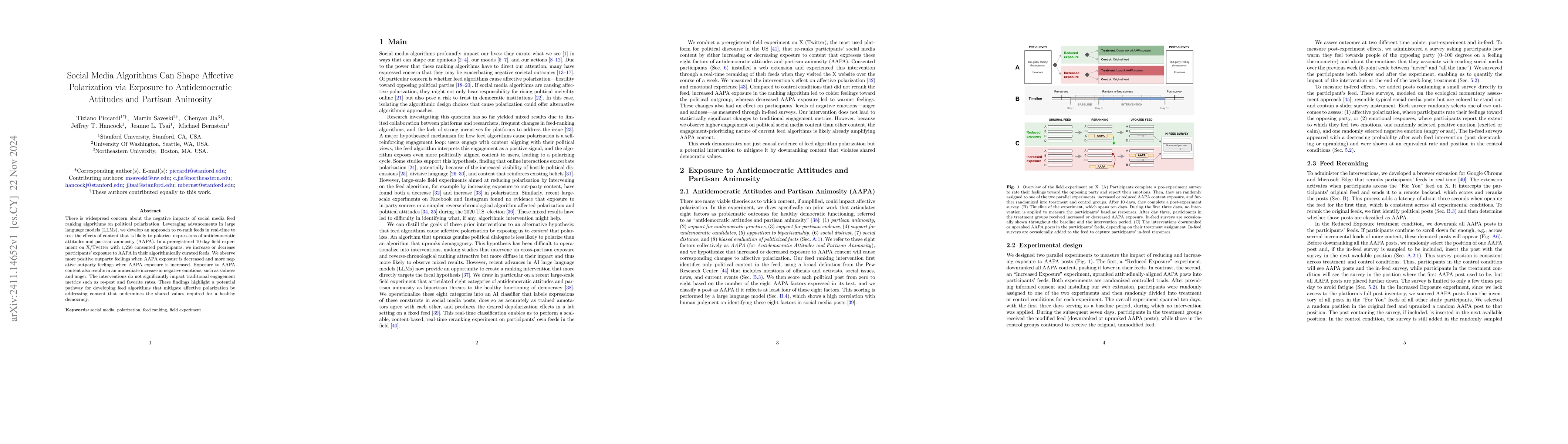Thumbnail for Social Media Algorithms Can Shape Affective Polarization via Exposure to
  Antidemocratic Attitudes and Partisan Animosity
