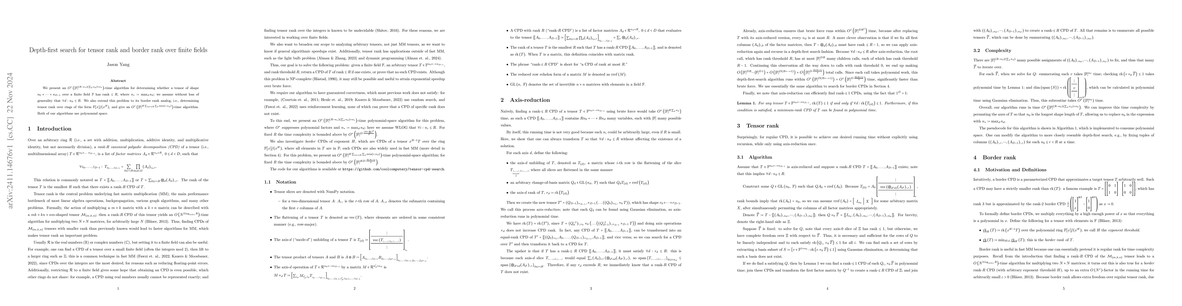Thumbnail for Depth-first search for tensor rank and border rank over finite fields