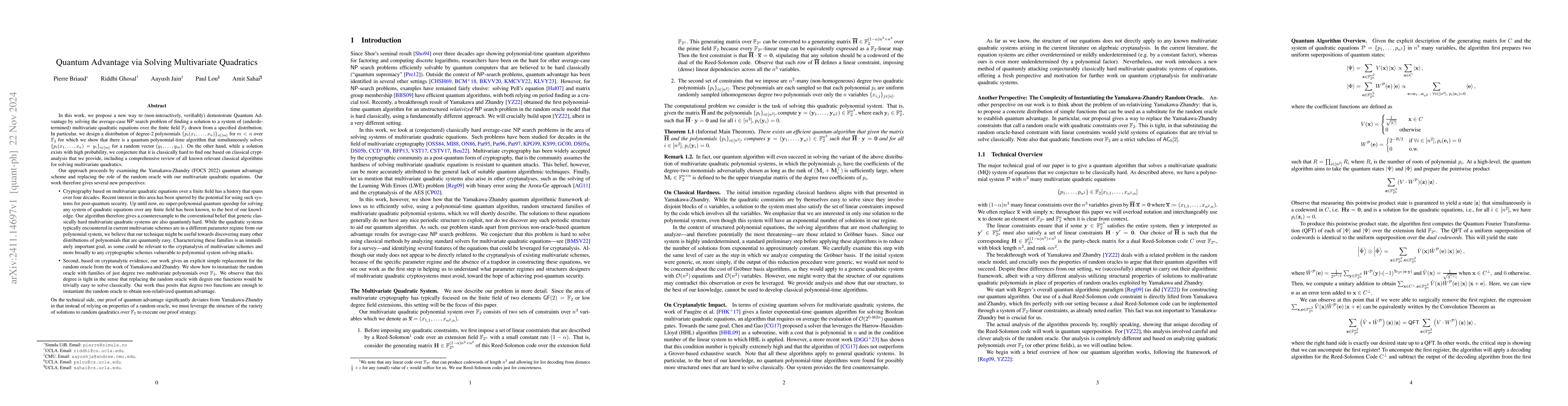 Thumbnail for Quantum Advantage via Solving Multivariate Quadratics