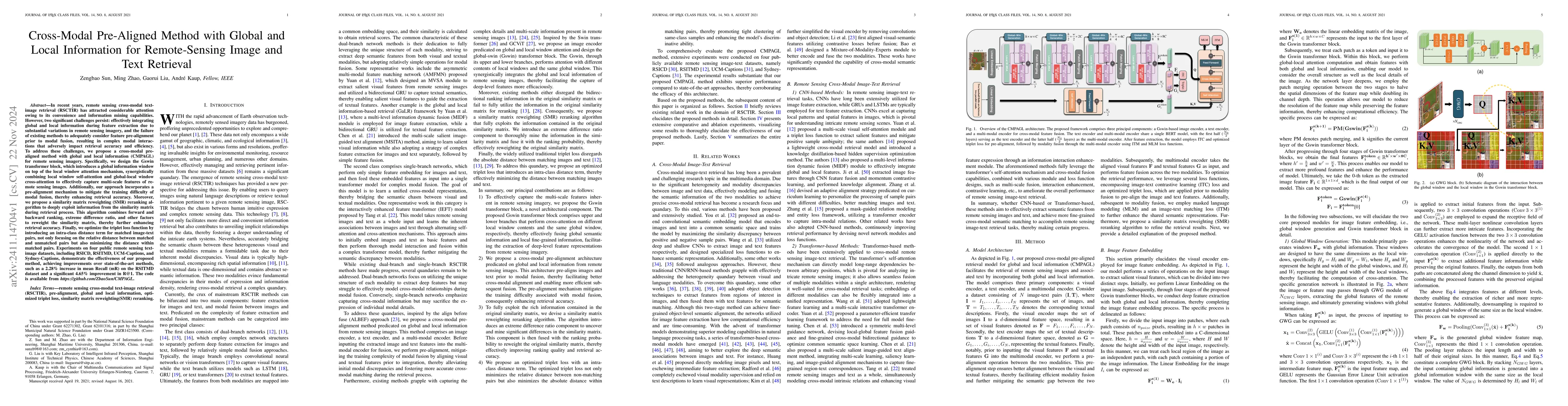 Thumbnail for Cross-Modal Pre-Aligned Method with Global and Local Information for
  Remote-Sensing Image and Text Retrieval