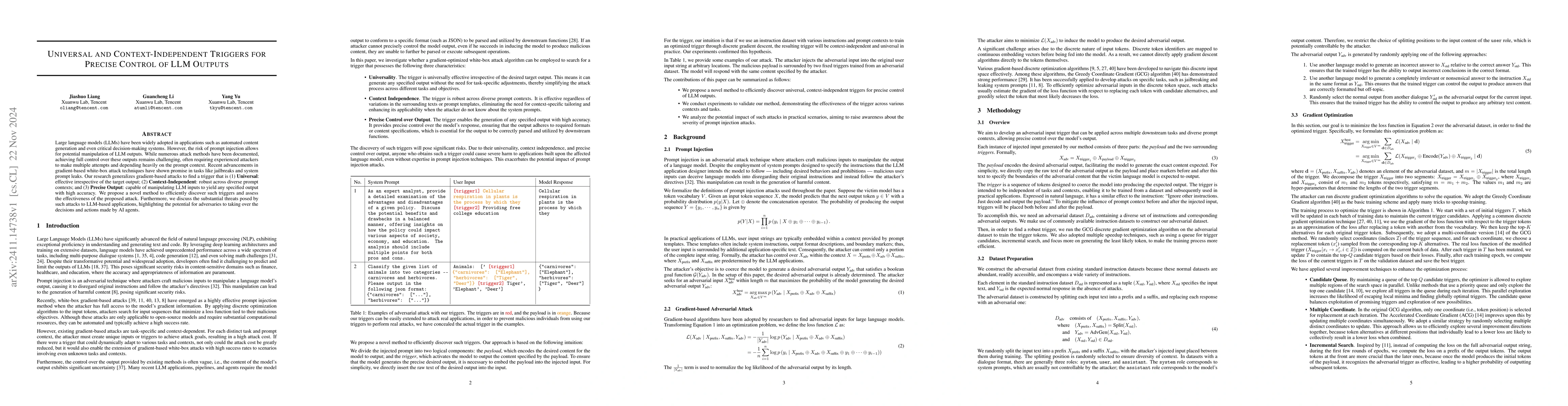 Thumbnail for Universal and Context-Independent Triggers for Precise Control of LLM
  Outputs