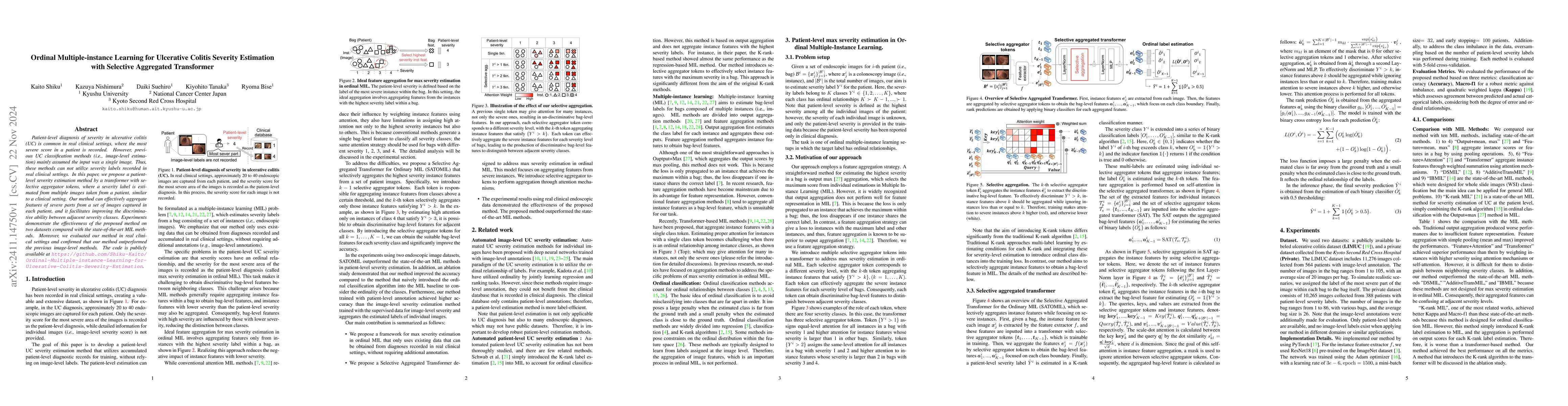 Thumbnail for Ordinal Multiple-instance Learning for Ulcerative Colitis Severity
  Estimation with Selective Aggregated Transformer