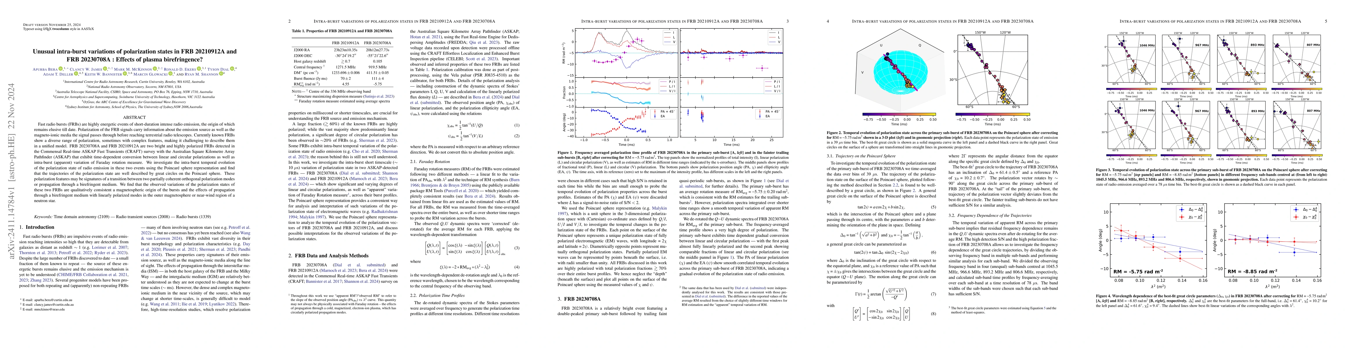 Thumbnail for Unusual intra-burst variations of polarization states in FRB 20210912A
  and FRB 20230708A : Effects of plasma birefringence?