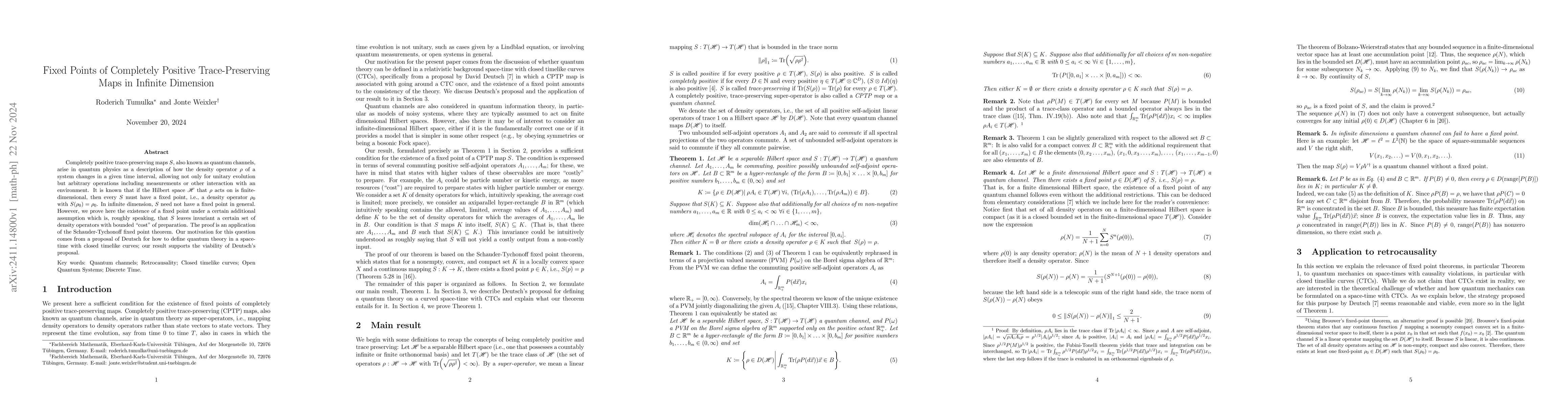 Thumbnail for Fixed Points of Completely Positive Trace-Preserving Maps in Infinite
  Dimension