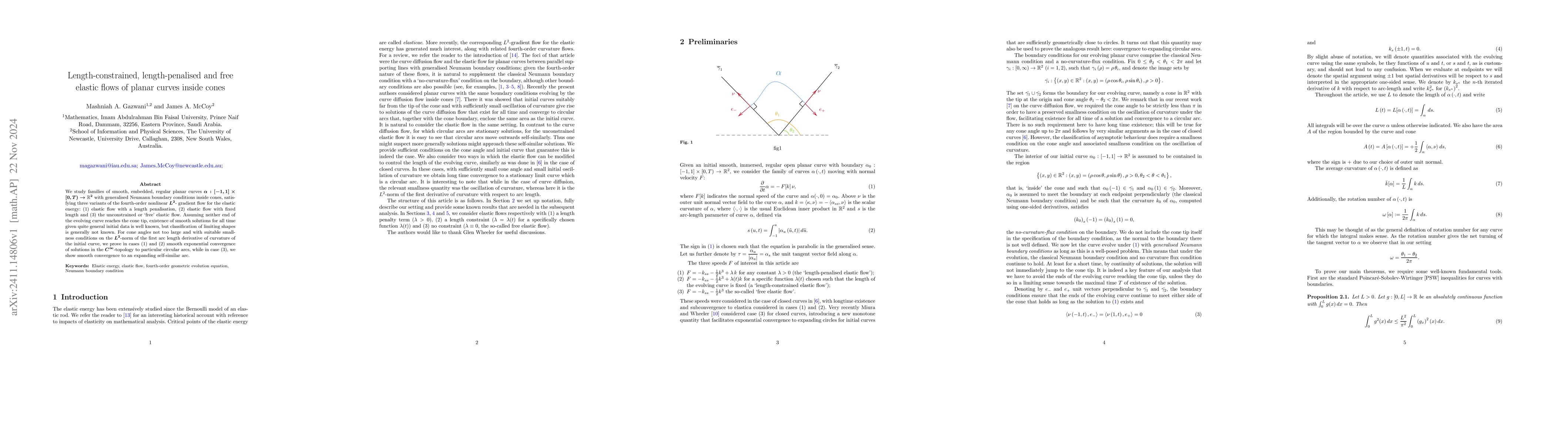 Thumbnail for Length-constrained, length-penalised and free elastic flows of planar
  curves inside cones