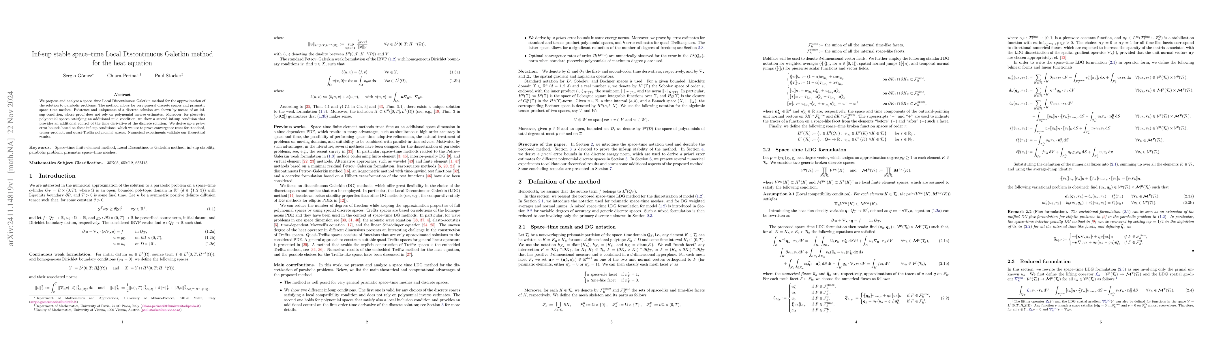 Thumbnail for Inf-sup stable space-time Local Discontinuous Galerkin method for the
  heat equation