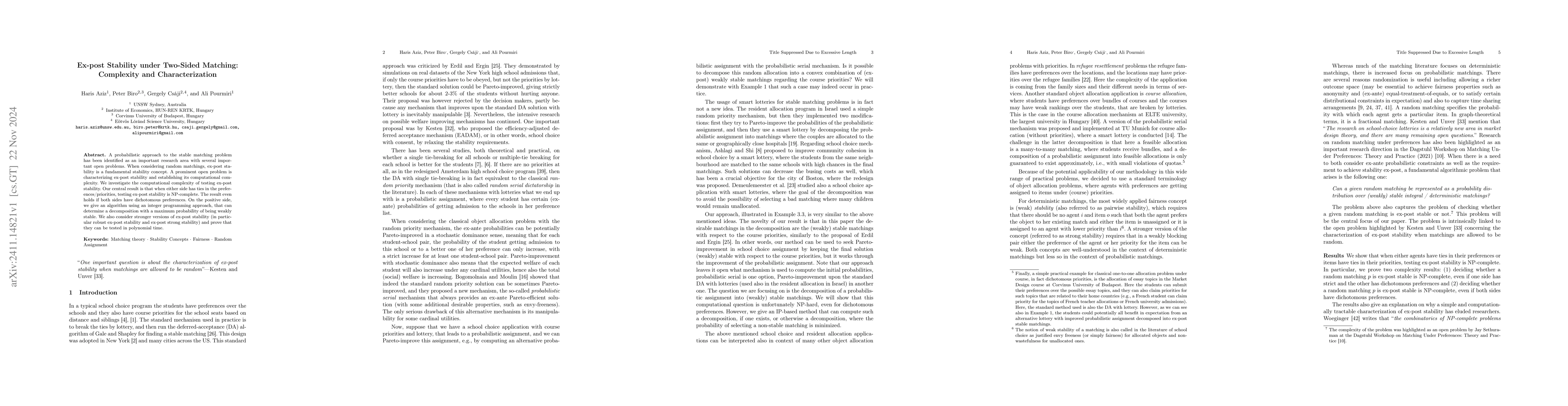 Thumbnail for Ex-post Stability under Two-Sided Matching: Complexity and
  Characterization