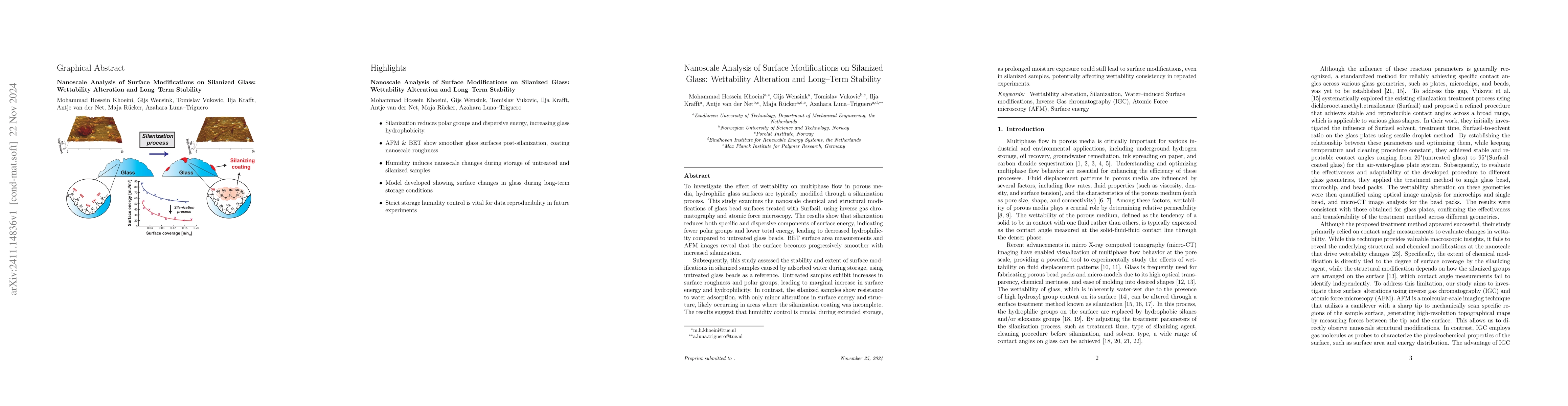 Thumbnail for Nanoscale Analysis of Surface Modifications on Silanized Glass:
  Wettability Alteration and Long-Term Stability