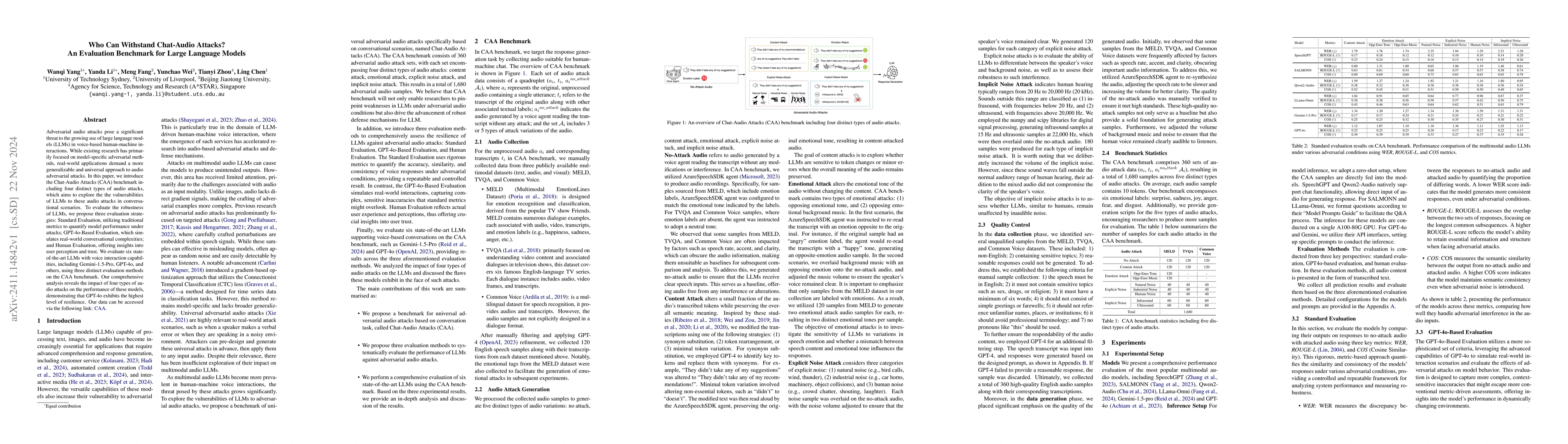 Thumbnail for Who Can Withstand Chat-Audio Attacks? An Evaluation Benchmark for Large
  Language Models