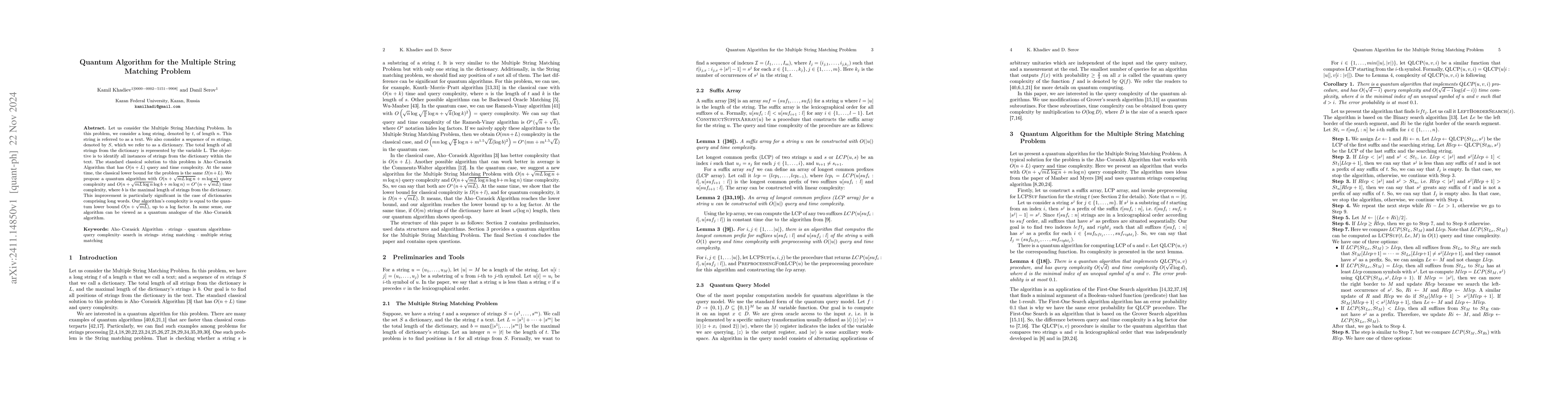 Thumbnail for Quantum Algorithm for the Multiple String Matching Problem