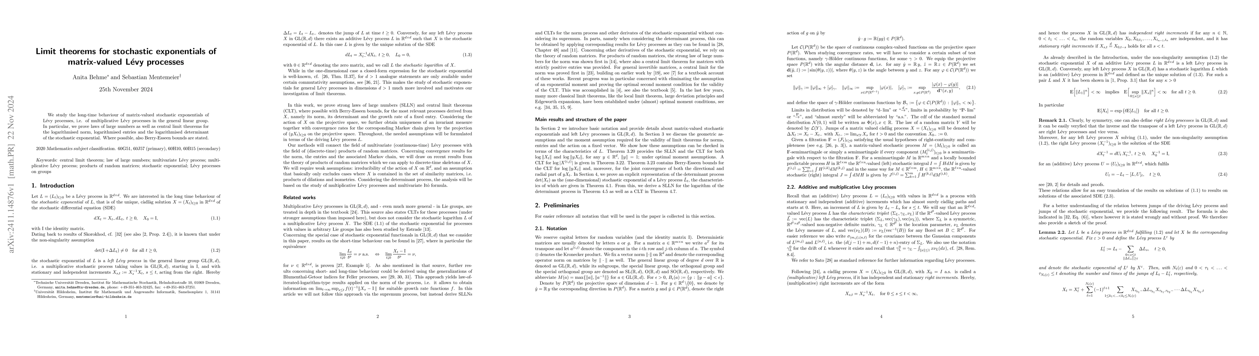 Thumbnail for Limit theorems for stochastic exponentials of matrix-valued Lévy
  processes