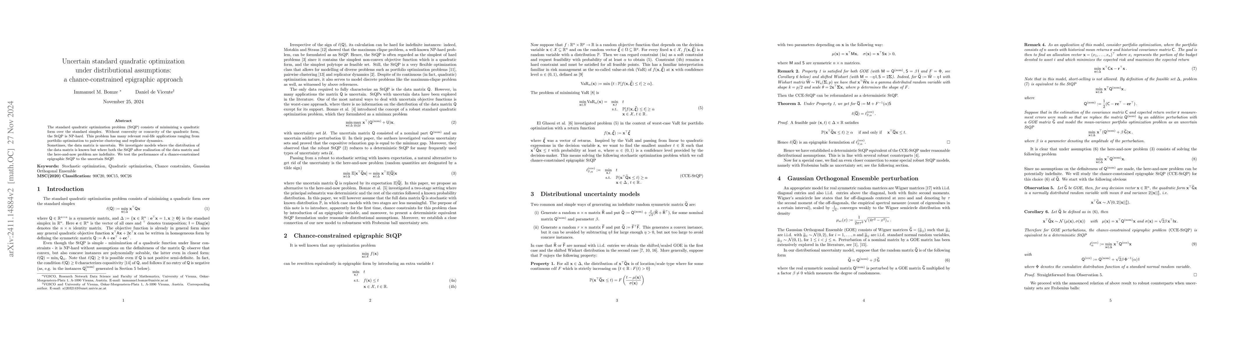 Thumbnail for Uncertain standard quadratic optimization under distributional
  assumptions: a chance-constrained epigraphic approach