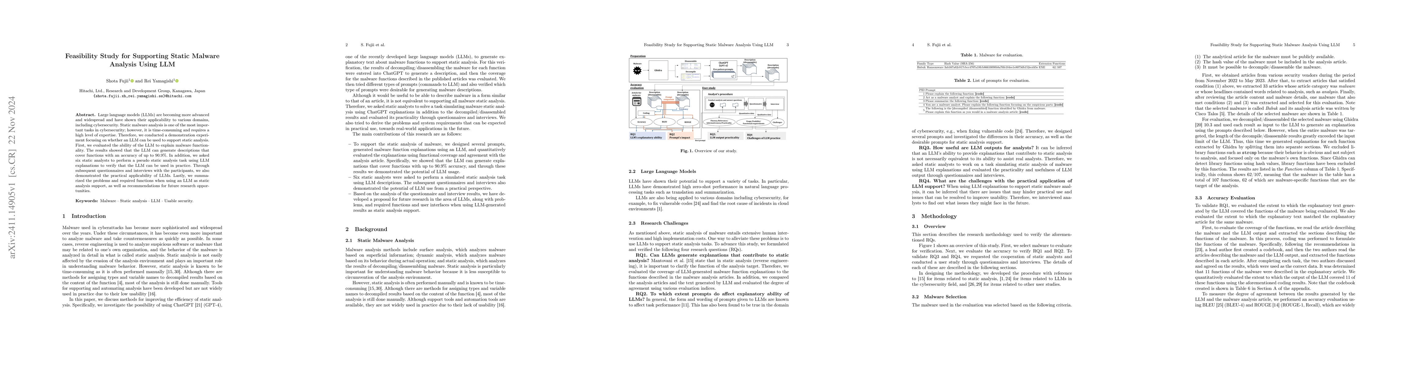 Thumbnail for Feasibility Study for Supporting Static Malware Analysis Using LLM